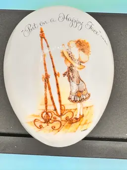 Vintage Holly Hobbie Egg Shaped Trinket Dish/ Jewelry Box "Put on a Happy Face" 1973