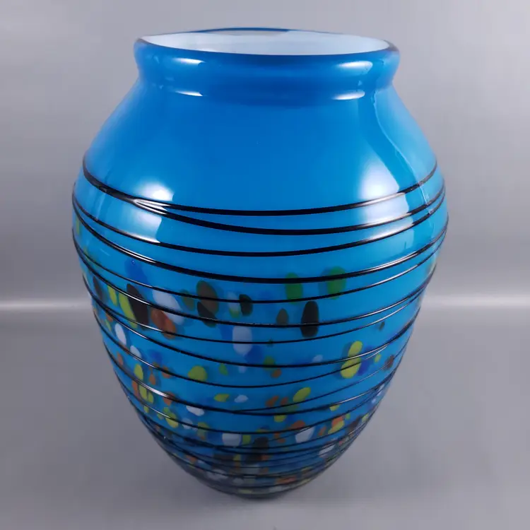 Hand Blown Colorful Confetti Black Threaded Blue Cased Large ART GLASS VASE