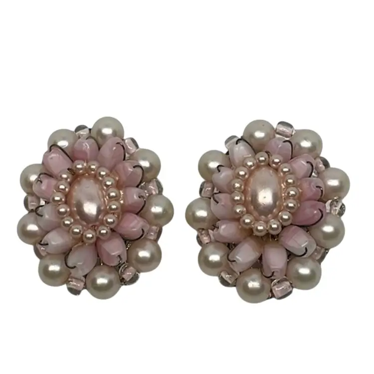 Pink Beaded Faux Pearl Clip On Earrings