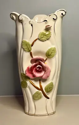 Vintage Ucagco Cottage Core 8 1/2” White Vase Pink Roses