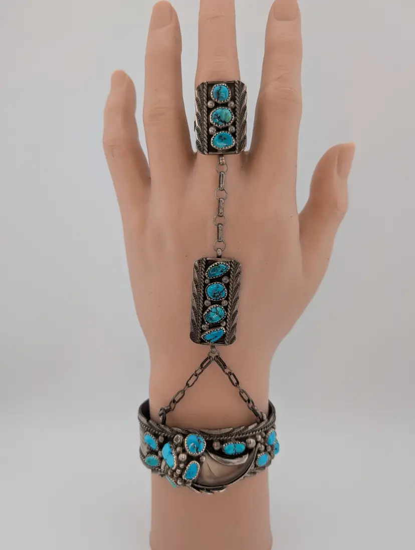 JAMES SHAY Vintage Navajo Hand Flower/Slave Bracelet Sterling Silver Turquoise