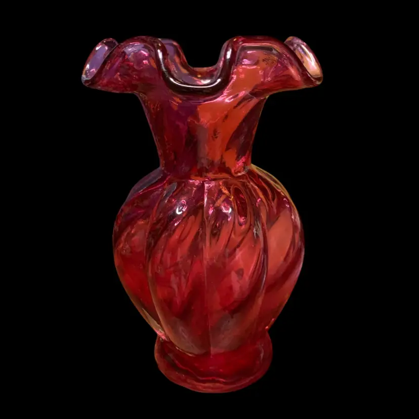 30. Fenton Cranberry Melon Pattern Crimped Vase, Small