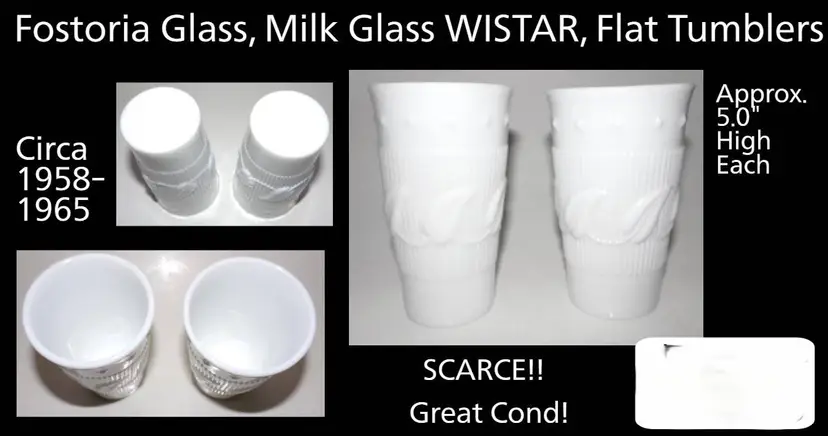 Vintage Fostoria Milk Glass Wistar Flat Tumblers, Scarce