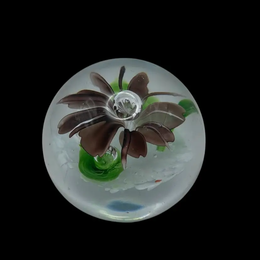 Art Glass Paperweight With A Floral Design, 3.5” Diameter