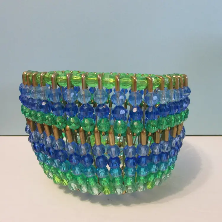 vintage crafted beaded safety pin art bowl basket holder green and blue holder