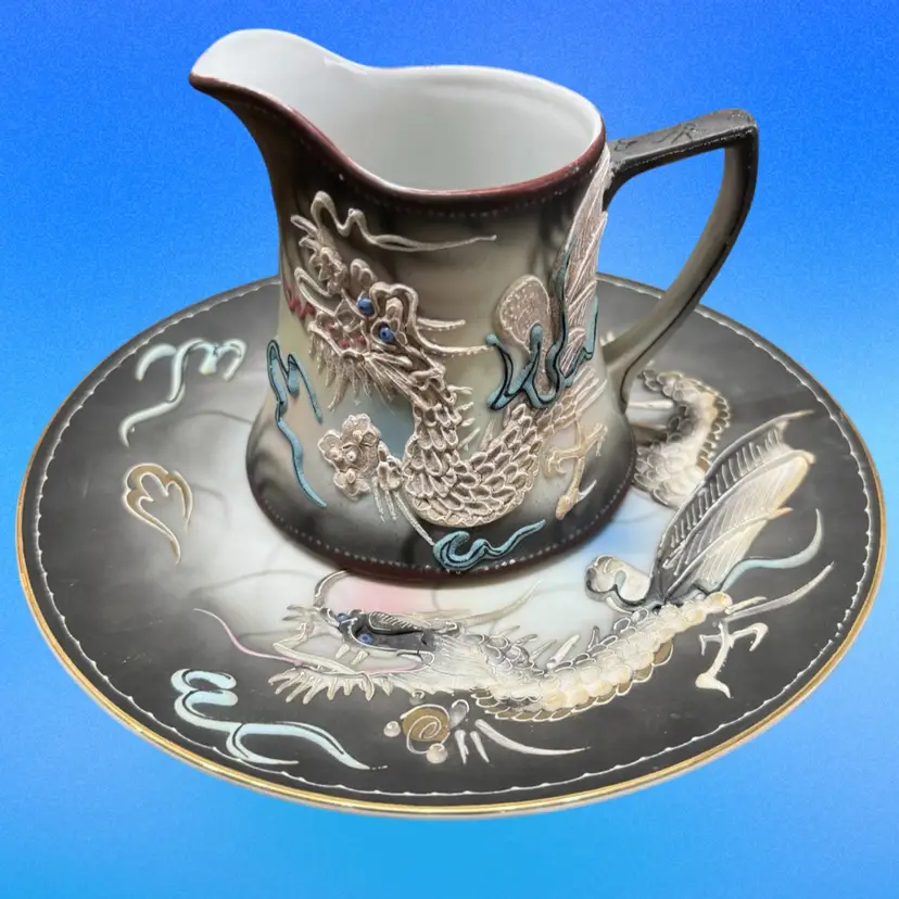 Two Piece Dragonware Antique Porcelain Creamer Pitcher And 8” Plate Hand Made Painted Dragonware Made in Japan
