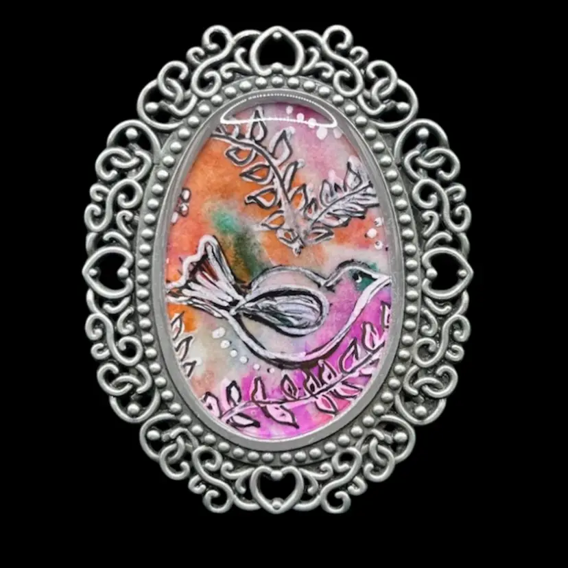 Art By Me-Miniature Original 1.75”Watercolor And Ink “peace” Picture Set With Resin In A Silver Color Metal Frame