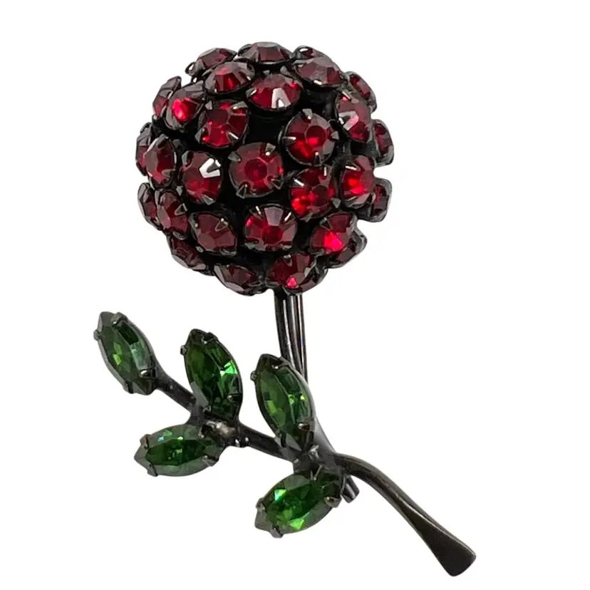 Red Cherry 🍒 Crystal Brooch Pin. Beautiful Red Cherry With Green Leaves. Signed “Warner”. 2” x 1-1/2” x 3/4”