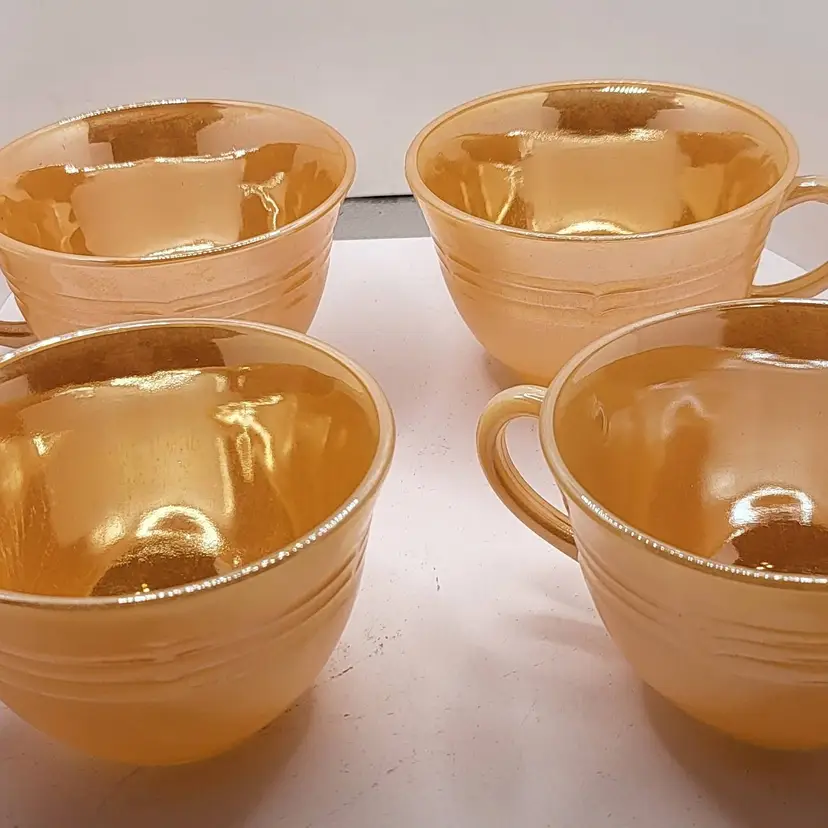 Vintage Peach Fire King Lustre Iridescent Glass Tri Band Teacup Set of 4