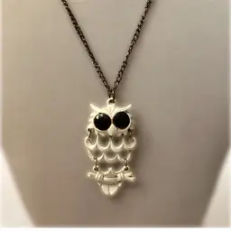 Vintage Articulated White Enameled Owl Pendant Necklace