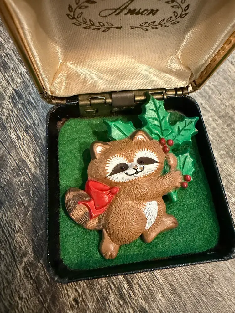 Vintage 1986 Hallmark Raccoon Christmas Brooch