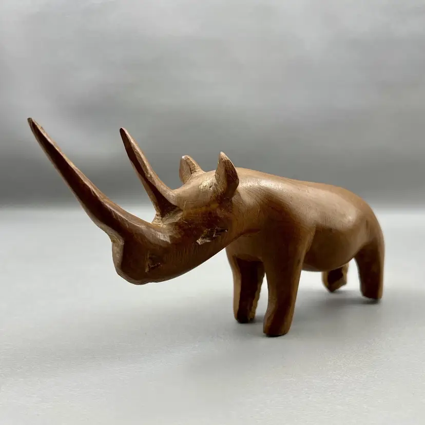 Vintage Wood Hand Carved African Rhino Rhinoceros 7.5" Long Figurine