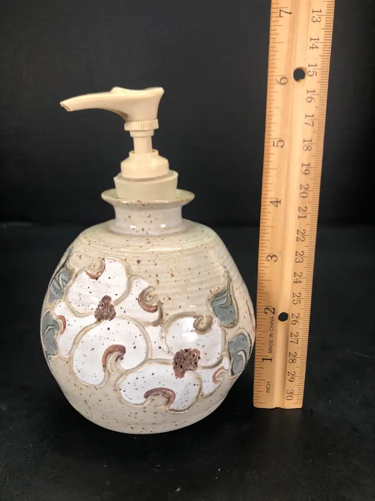 Hand Made Pottery Soap Dispenser Bottle Dogwood Blooms Signed Tan Speckled Glaze