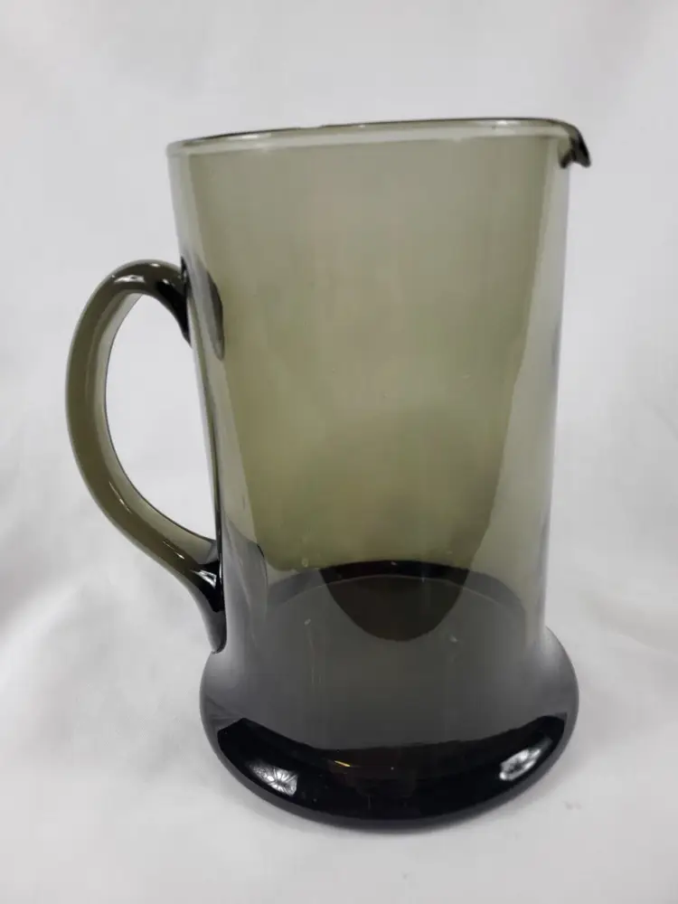 Vintage Smokey Grey Art Glass Retro Handcrafted Pitcher Barware 10" W/ Handle 1970ish