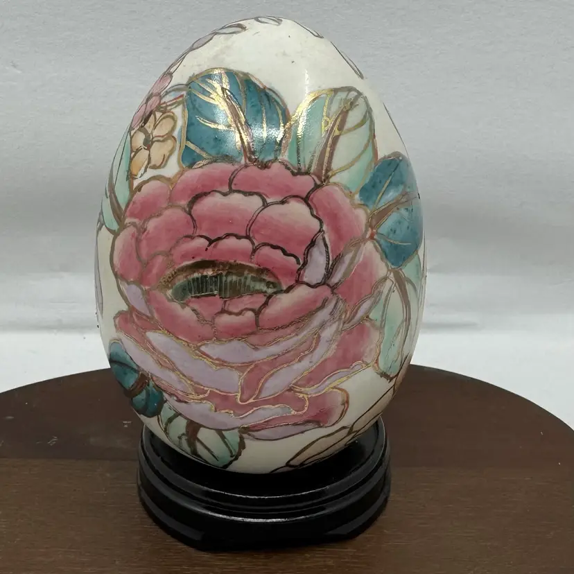 Vintage hand-painted Japanese porcelain egg with floral motifs and gold accents, Comes With Stand