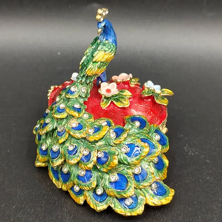 Hand Painted Enamel Heart Shaped Peacock Trinket Box