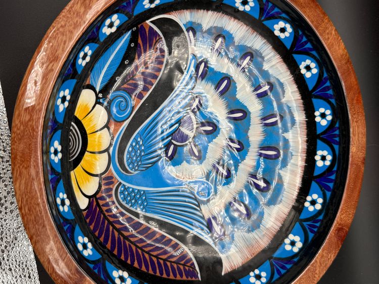 BEAUTIFUL Hand Painted Lacquered Wooden Bowl Mexican Bird Peacock Folk Art
