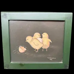 Vintage 1988 Norma Schneeman Folk Art Print - Framed Baby Chicks - Primitive Farmhouse Decor - Signed N. Schneeman