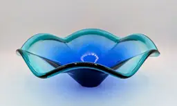Hand Blown Blue Art Glass Ruffled Bowl 10" Aqua Cobalt Centerpiece