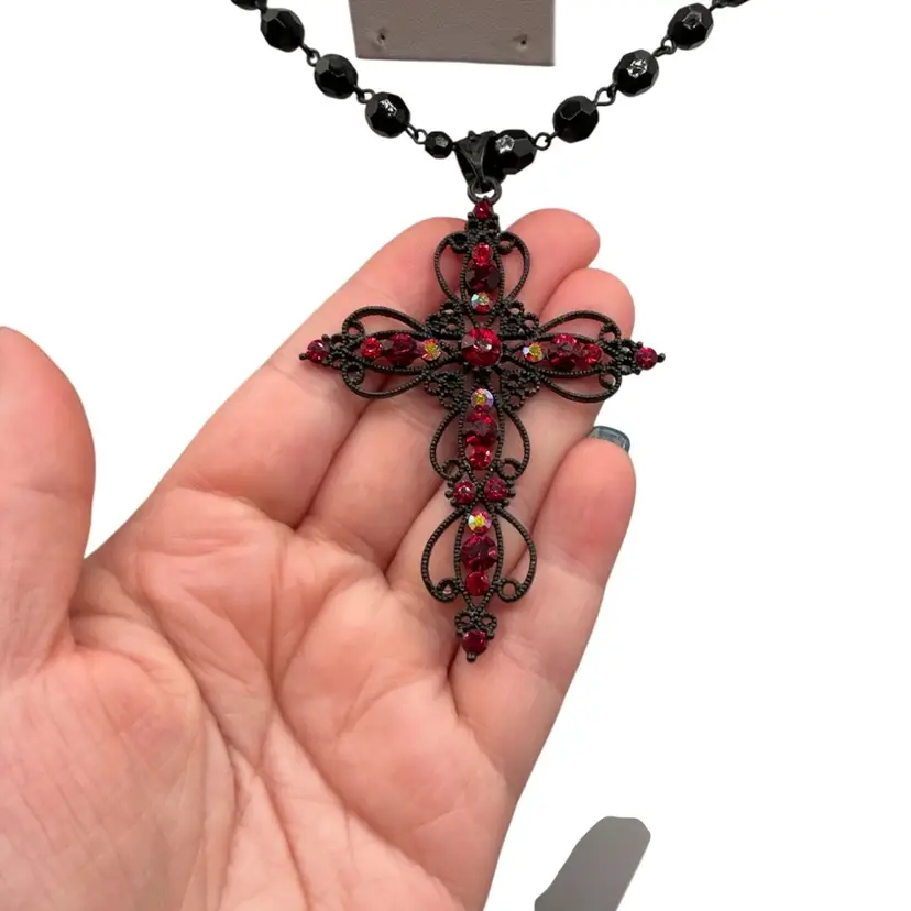 Red Glass Rhinestone Black Religious Cross Necklace 18β-22β KK46