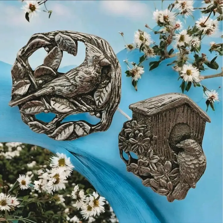 Birds and Bloom Cardinal and Flowers and Bird with Birdhouse Pewter Brooches