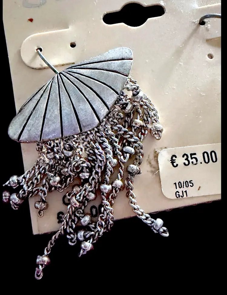 Liz Claiborne Silver Tone Fan Dangle Pierced Earrings - Signed - On Original Card - 2” x 1.25” with Wire