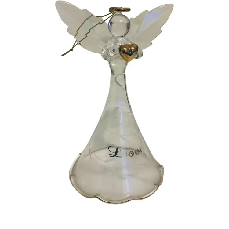 93 Clear Glass 5.5” Tall Angel Ornament With Open Wings Featuring Gold Color Heart “Love” Detail