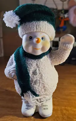 Vintage K's Collection Adorable Glittery Snowman with Knit Cap and Scarf c.1990s