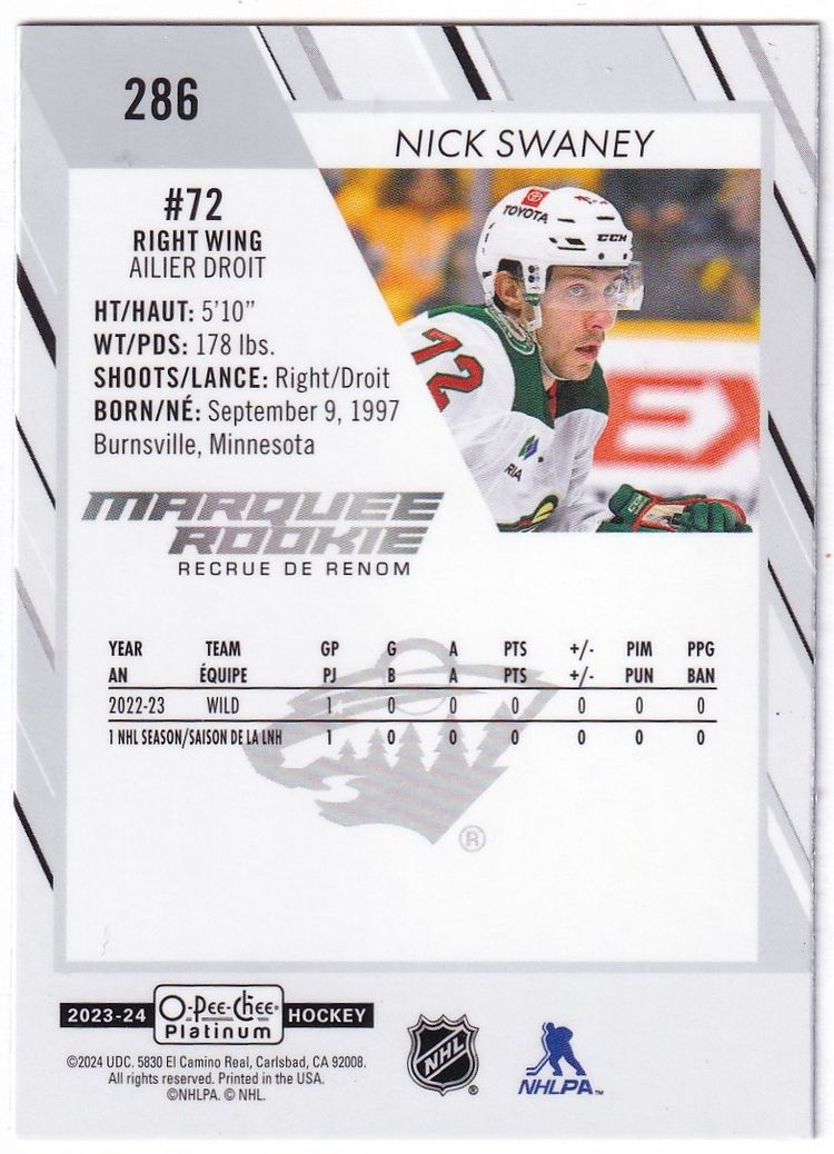 2023-24 O-Pee-Chee Platinum #286 Nick Swaney RC Minnesota Wild Hockey Card
