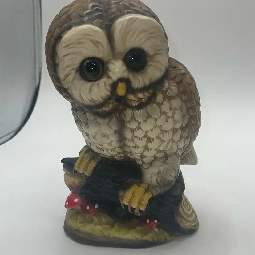 Vintage Hand Painted Ceramic Owl With Mushroom Please Note Chip Under Wing