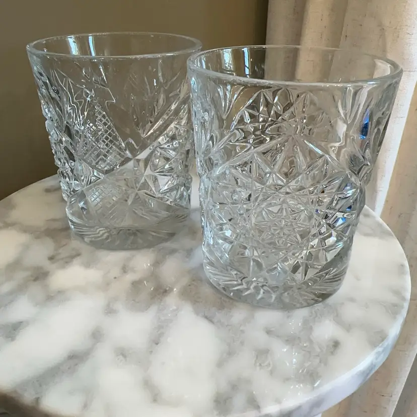 π Vintage Libbey Glass Hobstar Clear Double Old Fashioned Glasses Pair