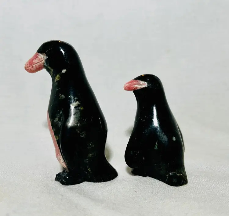Vintage PAIR Of Carved Stone Black, White, And Pink Penguin Figurines