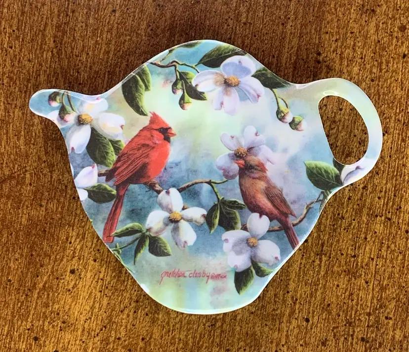 Melamine, Teabag, Cozy Teaspoon Holder, Tea Pot Shape With Cardinals. Signed Gretchen Clasby 1997