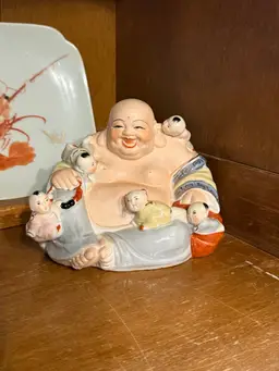 Vintage Laughing Buddha with Five Children | Porcelain Budai Figurine | Symbol of Happiness, Abundance & Good Fortune