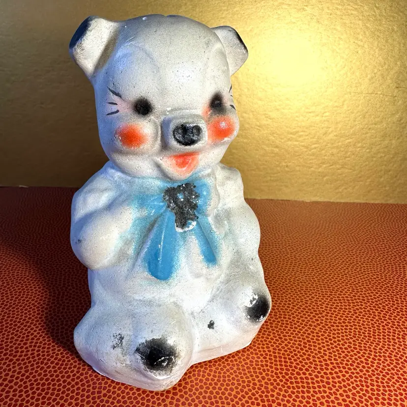 Vintage Plaster Piggy Bank 5”x4” Good Condition Smiling Bit of Sparkle on Neck Ribbon No