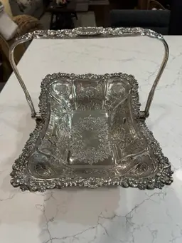Antique Silver Plate Repousse Floral Handled Basket