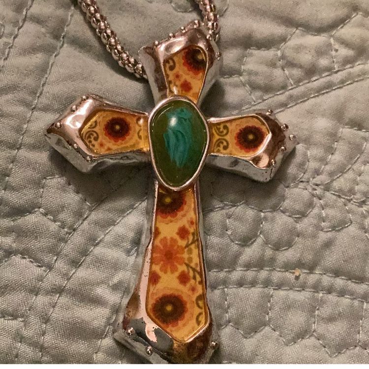 Cross Silvertoned Inlayed With Yellow And Green Stone In Middle
