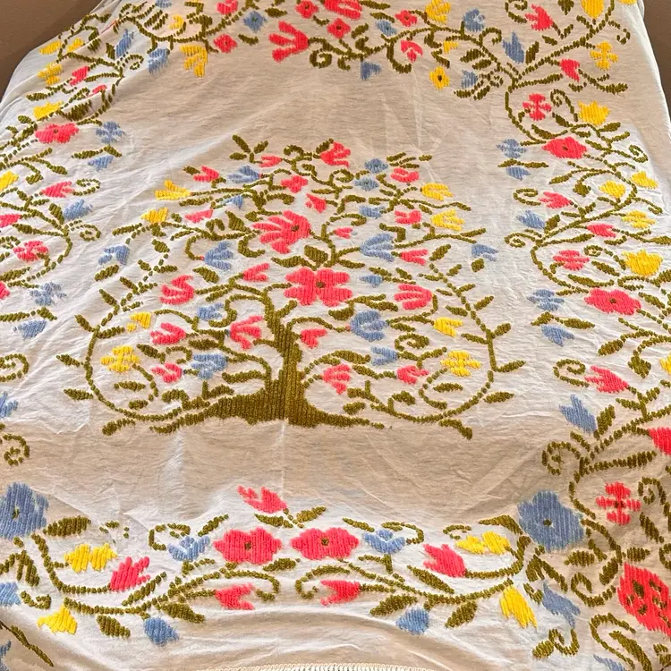Vintage Crewel Embroidered Bedspread