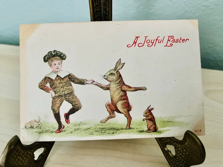 Antique Joyful Easter Dancing Rabbit Postcard