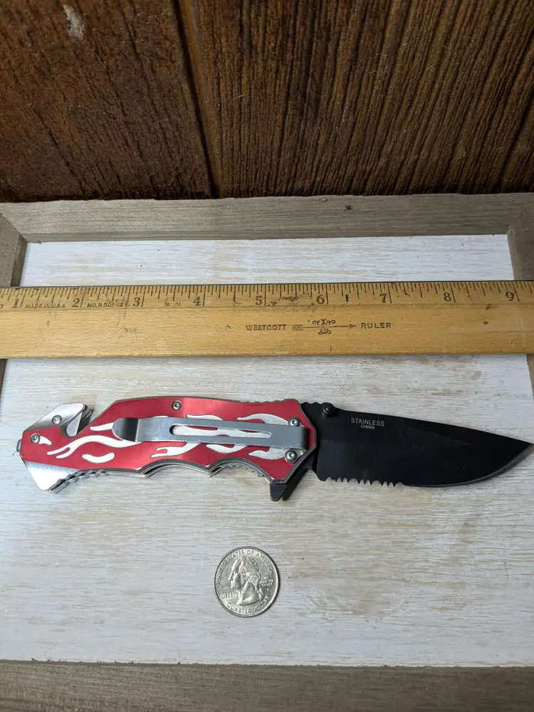 Defender Xtreme Foldable Pocket Clip Knife Red Silver Fire