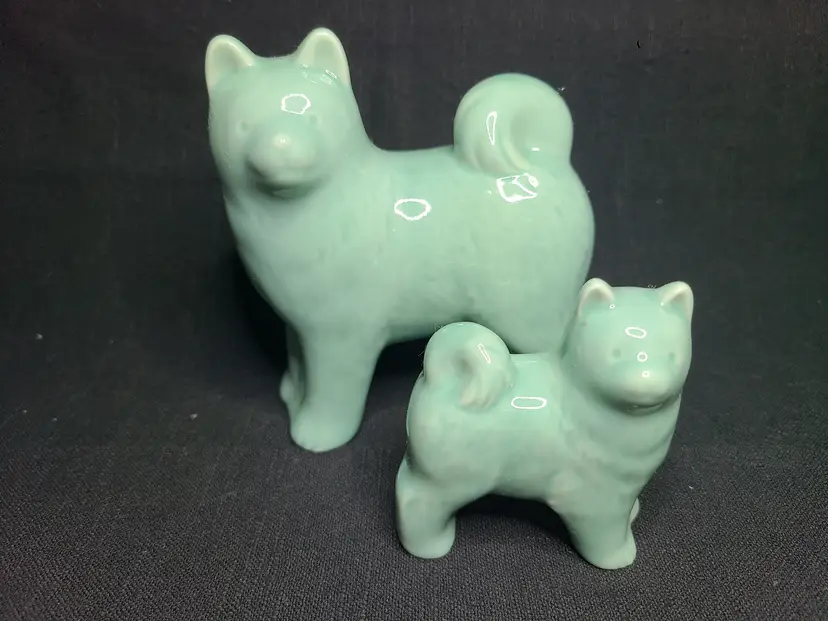 Japanese Zodiac Celadon Green Glazed Ceramic Akita or Shiba Inu Pair of Mom and Pup