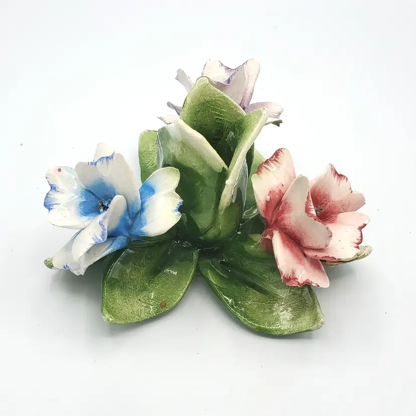Vintage Capodimonte Handmade Porcelain Flower Candle Stick Holder, Crown Mark, Italy