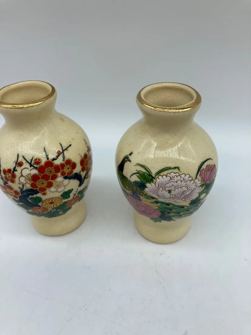 2 Vintage Japanese Ceramic Mini Vases Peacock Cream Floral