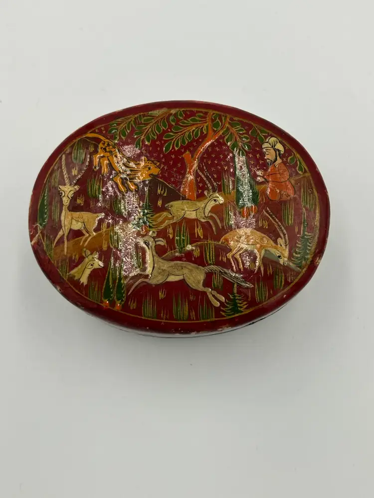 Vintage Kashmir Lacquered Oval Paper Mache Arabian Gazelle, Tiger & Man Design Trinket Box India