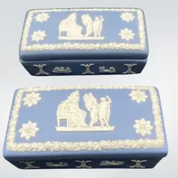 2 Vintage Wedgwood Trinket Boxes Blue Jasperware Raised Relief 3.5”