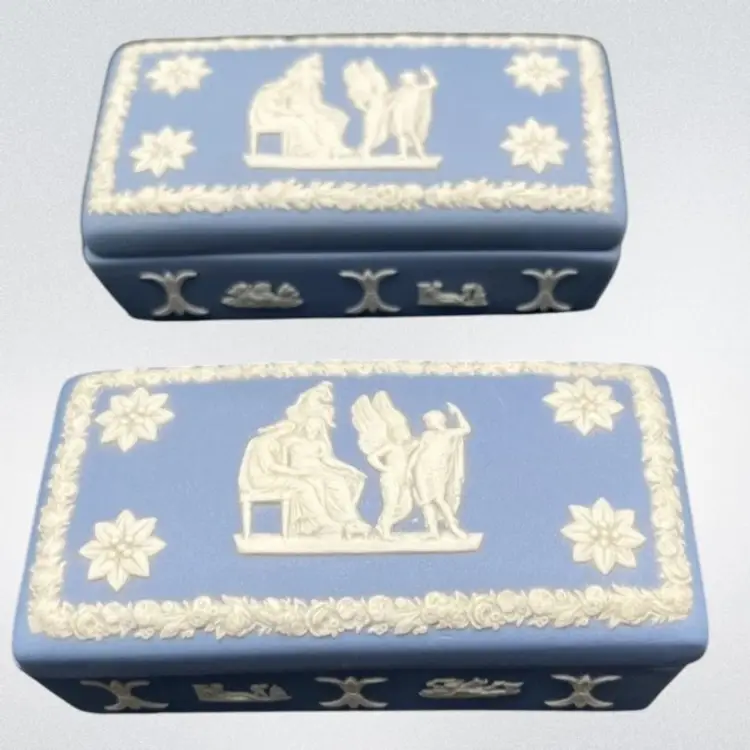 2 Vintage Wedgwood Trinket Boxes Blue Jasperware Raised Relief 3.5”