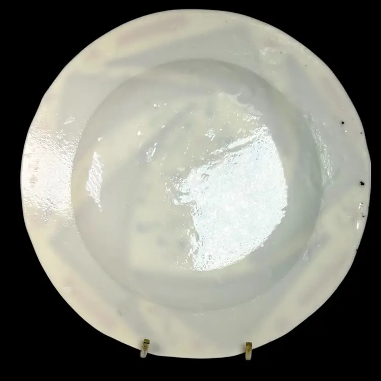 7-3/4” Fused Glass Decorative Plate - Brown, Orange, & Blues Pieces On White. Great For Candle Holder !