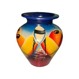 Hand Painted Mexican Pottery Folk Art Vase Signed Pancho, 6” tall