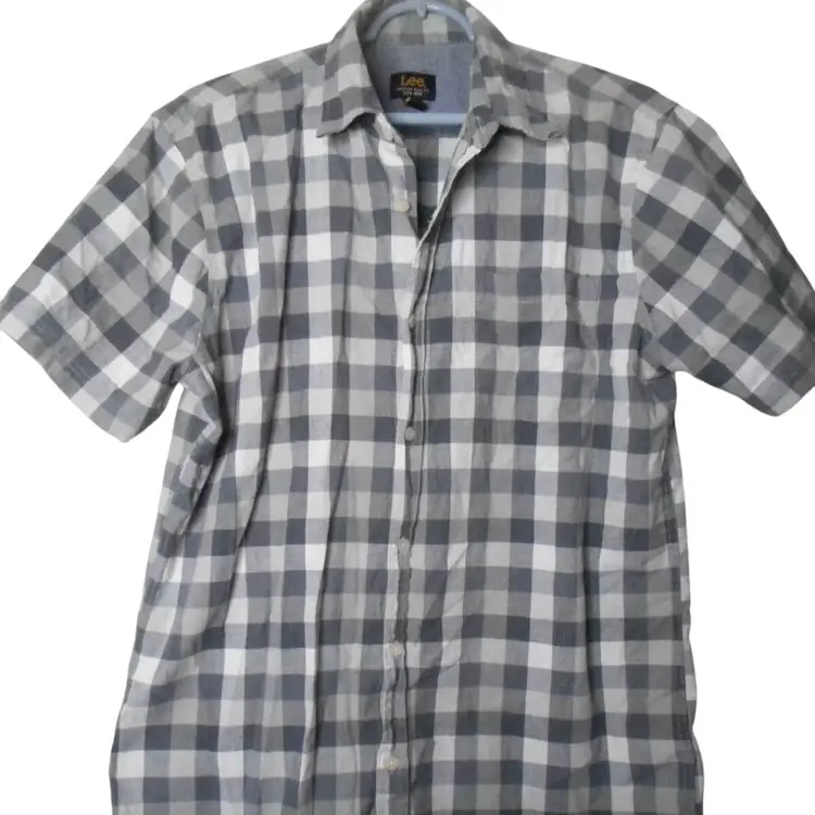 Black Grey white checked Lee Sz L cotton blend button front shirt short sleeve