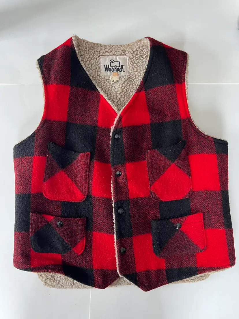 Woolrich Vintage Vest Mens Large Red Black Sherpa Lined Buffalo Check Plaid Size Medium